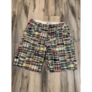 American Eagle Outfitters Mens W34 Madras Plaid Flat Front Shorts Blue Red Yello